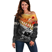 New Zealand ANZAC Rugby Off Shoulder Sweater Soldier Fern With Kiwi Bird LT05 Women Black - Polynesian Pride