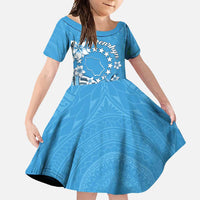 Personalised Penrhyn Gospel Day Family Matching Tank Maxi Dress and Hawaiian Shirt Cook Islands Tribal Pattern LT05 Daughter's Dress Blue - Polynesian Pride