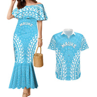 Custom Cook Islands Mauke Couples Matching Mermaid Dress and Hawaiian Shirt Polynesian Tribal Tattoo LT05 Baby Blue - Polynesian Pride
