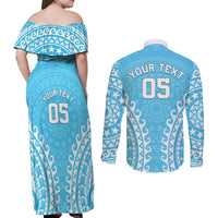 Custom Cook Islands Mauke Couples Matching Off Shoulder Maxi Dress and Long Sleeve Button Shirt Polynesian Tribal Tattoo LT05 - Polynesian Pride