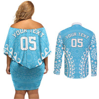 Custom Cook Islands Mauke Couples Matching Off Shoulder Short Dress and Long Sleeve Button Shirt Polynesian Tribal Tattoo LT05 - Polynesian Pride