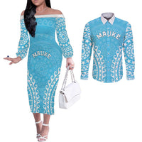 Custom Cook Islands Mauke Couples Matching Off The Shoulder Long Sleeve Dress and Long Sleeve Button Shirt Polynesian Tribal Tattoo LT05 Baby Blue - Polynesian Pride