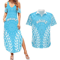 Custom Cook Islands Mauke Couples Matching Summer Maxi Dress and Hawaiian Shirt Polynesian Tribal Tattoo LT05 Baby Blue - Polynesian Pride
