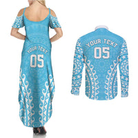 Custom Cook Islands Mauke Couples Matching Summer Maxi Dress and Long Sleeve Button Shirt Polynesian Tribal Tattoo LT05 - Polynesian Pride