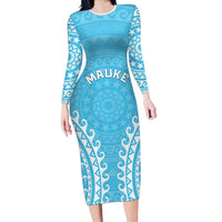 Custom Cook Islands Mauke Family Matching Long Sleeve Bodycon Dress and Hawaiian Shirt Polynesian Tribal Tattoo LT05 Mom's Dress Baby Blue - Polynesian Pride