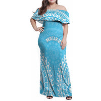 Custom Cook Islands Mauke Family Matching Off Shoulder Maxi Dress and Hawaiian Shirt Polynesian Tribal Tattoo LT05 Mom's Dress Baby Blue - Polynesian Pride