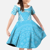 Custom Cook Islands Mauke Family Matching Short Sleeve Bodycon Dress and Hawaiian Shirt Polynesian Tribal Tattoo LT05 Daughter's Dress Baby Blue - Polynesian Pride