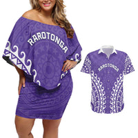 Custom Cook Islands Rarotonga Couples Matching Off Shoulder Short Dress and Hawaiian Shirt Polynesian Tribal Tattoo LT05 Purple - Polynesian Pride