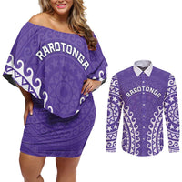 Custom Cook Islands Rarotonga Couples Matching Off Shoulder Short Dress and Long Sleeve Button Shirt Polynesian Tribal Tattoo LT05 Purple - Polynesian Pride