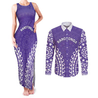 Custom Cook Islands Rarotonga Couples Matching Tank Maxi Dress and Long Sleeve Button Shirt Polynesian Tribal Tattoo LT05 Purple - Polynesian Pride
