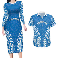 Custom Cook Islands Pukapuka Couples Matching Long Sleeve Bodycon Dress and Hawaiian Shirt Polynesian Tribal Tattoo LT05 Blue - Polynesian Pride