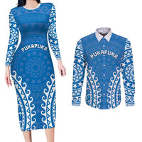 Custom Cook Islands Pukapuka Couples Matching Long Sleeve Bodycon Dress and Long Sleeve Button Shirt Polynesian Tribal Tattoo LT05 Blue - Polynesian Pride