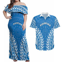Custom Cook Islands Pukapuka Couples Matching Off Shoulder Maxi Dress and Hawaiian Shirt Polynesian Tribal Tattoo LT05 Blue - Polynesian Pride