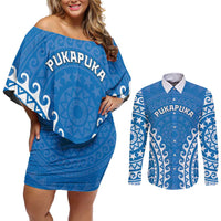 Custom Cook Islands Pukapuka Couples Matching Off Shoulder Short Dress and Long Sleeve Button Shirt Polynesian Tribal Tattoo LT05 Blue - Polynesian Pride