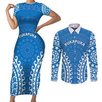Custom Cook Islands Pukapuka Couples Matching Short Sleeve Bodycon Dress and Long Sleeve Button Shirt Polynesian Tribal Tattoo LT05 Blue - Polynesian Pride