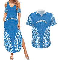 Custom Cook Islands Pukapuka Couples Matching Summer Maxi Dress and Hawaiian Shirt Polynesian Tribal Tattoo LT05 Blue - Polynesian Pride