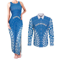 Custom Cook Islands Pukapuka Couples Matching Tank Maxi Dress and Long Sleeve Button Shirt Polynesian Tribal Tattoo LT05 Blue - Polynesian Pride