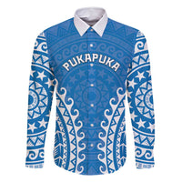 Custom Cook Islands Pukapuka Family Matching Off Shoulder Short Dress and Hawaiian Shirt Polynesian Tribal Tattoo LT05 Dad's Shirt - Long Sleeve Blue - Polynesian Pride