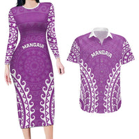 Custom Cook Islands Mangaia Couples Matching Long Sleeve Bodycon Dress and Hawaiian Shirt Polynesian Tribal Tattoo