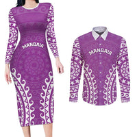 Custom Cook Islands Mangaia Couples Matching Long Sleeve Bodycon Dress and Long Sleeve Button Shirt Polynesian Tribal Tattoo LT05 Pink - Polynesian Pride