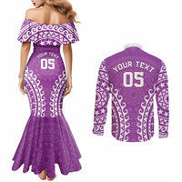 Custom Cook Islands Mangaia Couples Matching Mermaid Dress and Long Sleeve Button Shirt Polynesian Tribal Tattoo