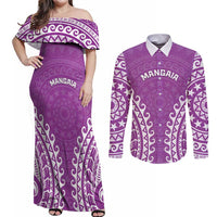Custom Cook Islands Mangaia Couples Matching Off Shoulder Maxi Dress and Long Sleeve Button Shirt Polynesian Tribal Tattoo LT05 Pink - Polynesian Pride