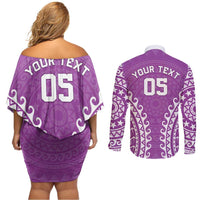 Custom Cook Islands Mangaia Couples Matching Off Shoulder Short Dress and Long Sleeve Button Shirt Polynesian Tribal Tattoo LT05 - Polynesian Pride