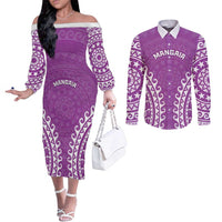 Custom Cook Islands Mangaia Couples Matching Off The Shoulder Long Sleeve Dress and Long Sleeve Button Shirt Polynesian Tribal Tattoo LT05 Pink - Polynesian Pride