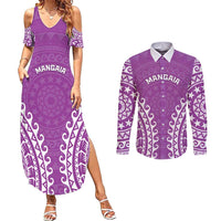 Custom Cook Islands Mangaia Couples Matching Summer Maxi Dress and Long Sleeve Button Shirt Polynesian Tribal Tattoo LT05 Pink - Polynesian Pride