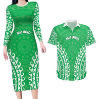 Custom Cook Islands Mitiaro Couples Matching Long Sleeve Bodycon Dress and Hawaiian Shirt Polynesian Tribal Tattoo LT05 Green - Polynesian Pride