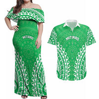 Custom Cook Islands Mitiaro Couples Matching Off Shoulder Maxi Dress and Hawaiian Shirt Polynesian Tribal Tattoo LT05 Green - Polynesian Pride