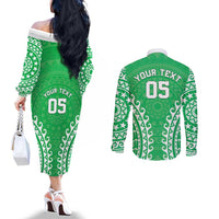 Custom Cook Islands Mitiaro Couples Matching Off The Shoulder Long Sleeve Dress and Long Sleeve Button Shirt Polynesian Tribal Tattoo LT05 - Polynesian Pride