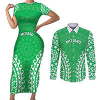 Custom Cook Islands Mitiaro Couples Matching Short Sleeve Bodycon Dress and Long Sleeve Button Shirt Polynesian Tribal Tattoo LT05 Green - Polynesian Pride