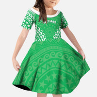 Custom Cook Islands Mitiaro Family Matching Puletasi and Hawaiian Shirt Polynesian Tribal Tattoo LT05 Daughter's Dress Green - Polynesian Pride