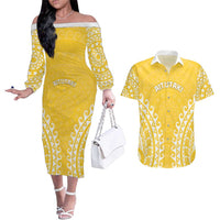 Custom Cook Islands Aitutaki Couples Matching Off The Shoulder Long Sleeve Dress and Hawaiian Shirt Polynesian Tribal Tattoo