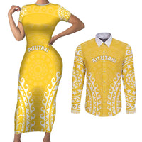 Custom Cook Islands Aitutaki Couples Matching Short Sleeve Bodycon Dress and Long Sleeve Button Shirt Polynesian Tribal Tattoo