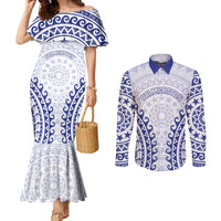 Custom Cook Islands Palmerston Couples Matching Mermaid Dress and Long Sleeve Button Shirt Polynesian Tribal Tattoo LT05 Navy - Polynesian Pride