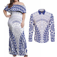 Custom Cook Islands Palmerston Couples Matching Off Shoulder Maxi Dress and Long Sleeve Button Shirt Polynesian Tribal Tattoo