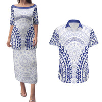 Custom Cook Islands Palmerston Couples Matching Puletasi and Hawaiian Shirt Polynesian Tribal Tattoo LT05 Navy - Polynesian Pride
