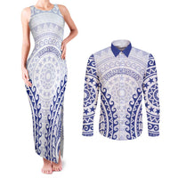 Custom Cook Islands Palmerston Couples Matching Tank Maxi Dress and Long Sleeve Button Shirt Polynesian Tribal Tattoo LT05 Navy - Polynesian Pride