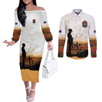 Australia And New Zealand ANZAC Day Couples Matching Off The Shoulder Long Sleeve Dress and Long Sleeve Button Shirt Battle Of Beersheba LT05 Beige - Polynesian Pride