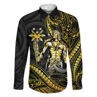 Filipinos Lapu Lapu Hero Family Matching Off Shoulder Maxi Dress and Hawaiian Shirt Gold Polynesian Tribal Tattoo LT05 Dad's Shirt - Long Sleeve Gold - Polynesian Pride