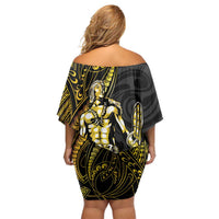 Filipinos Lapu Lapu Hero Family Matching Off Shoulder Short Dress and Hawaiian Shirt Gold Polynesian Tribal Tattoo LT05 - Polynesian Pride