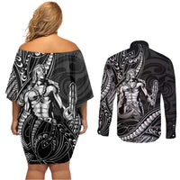 Filipinos Lapu Lapu Hero Couples Matching Off Shoulder Short Dress and Long Sleeve Button Shirt Black Polynesian Tribal Tattoo LT05 - Polynesian Pride