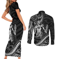 Filipinos Lapu Lapu Hero Couples Matching Short Sleeve Bodycon Dress and Long Sleeve Button Shirt Black Polynesian Tribal Tattoo LT05 - Polynesian Pride