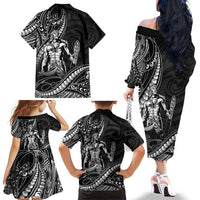 Filipinos Lapu Lapu Hero Family Matching Off The Shoulder Long Sleeve Dress and Hawaiian Shirt Black Polynesian Tribal Tattoo LT05 - Polynesian Pride