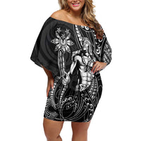 Filipinos Lapu Lapu Hero Family Matching Off Shoulder Short Dress and Hawaiian Shirt Black Polynesian Tribal Tattoo LT05 Mom's Dress Black - Polynesian Pride