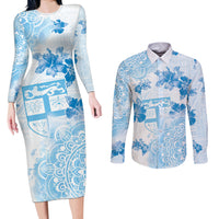 Happy Fiji Girmit Day Couples Matching Long Sleeve Bodycon Dress and Long Sleeve Button Shirt Fijian Tapa With Mandala Pattern LT05 Blue - Polynesian Pride