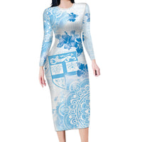 Happy Fiji Girmit Day Long Sleeve Bodycon Dress Fijian Tapa With Mandala Pattern LT05 Long Dress Blue - Polynesian Pride