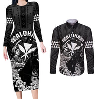 Hawaii King Kamehameha Day Parade Couples Matching Long Sleeve Bodycon Dress and Long Sleeve Button Shirt With Pa'u Riders Plumeria Kakau Tribal Pattern LT05 Black - Polynesian Pride